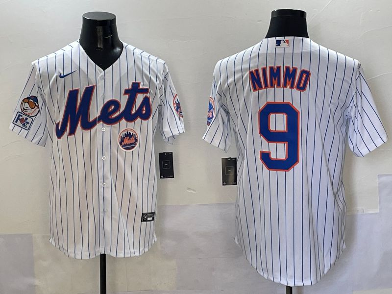 Men New York Mets 9 Nimmo White Stripe Game 2025 Nike MLB Jersey style 8
